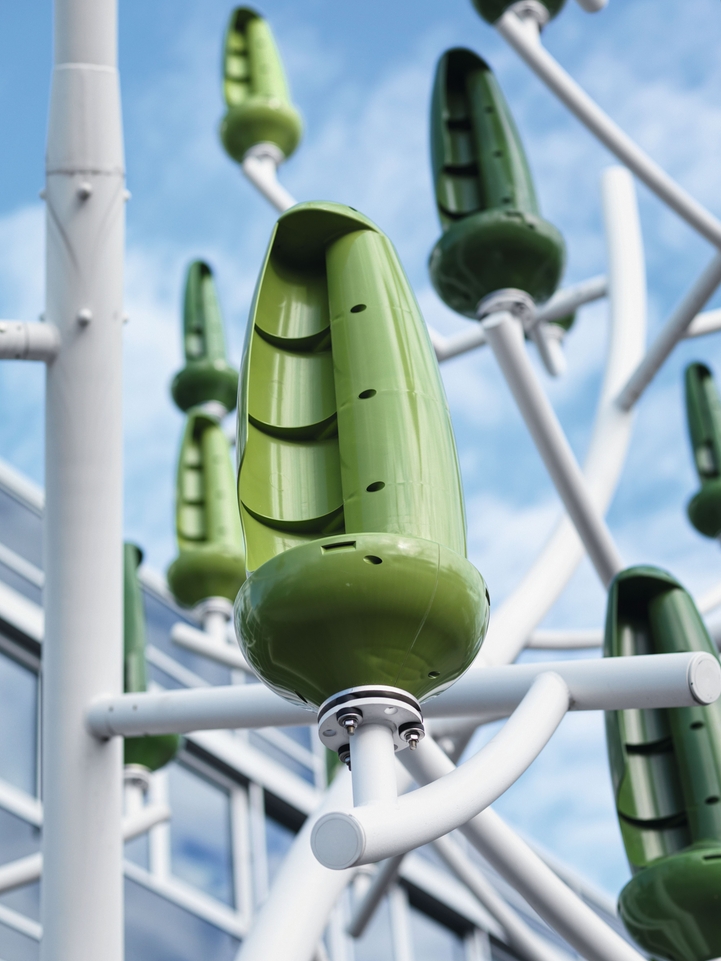 The leaf-shaped turbines, 85-centimeters high, rotate even with light winds.